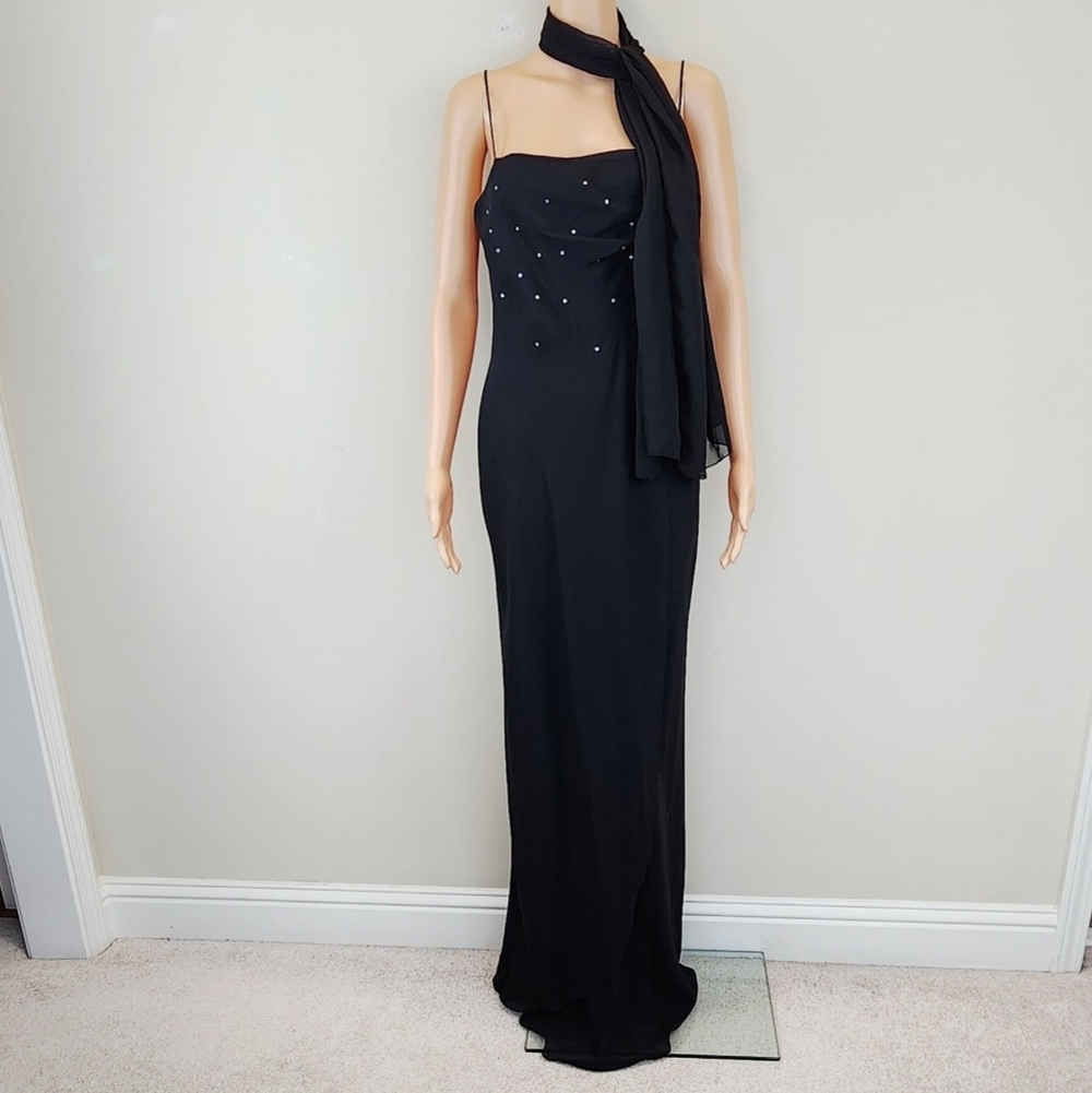 Thea Dora black spaghetti straps formal dress with scarf